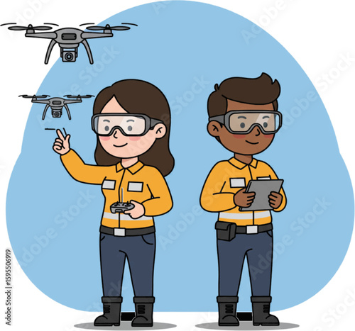 Drone Operators with Tablet and Remote Control, Working with Drones, Technology