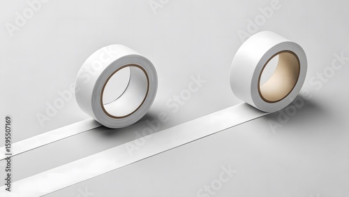 Two rolls of white tape unspooling on a clean grey background showcasing their adhesive properties and simplicity