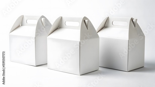 Packaging mockup, Three blank white gable top boxes with handles arranged on a white surface ready for customization and gifts