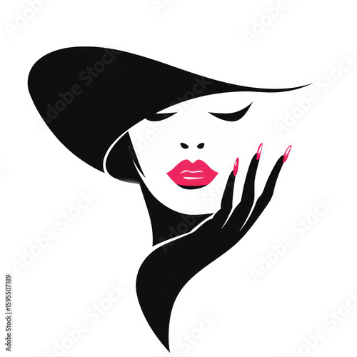 Minimalist beauty and fashion logo with beautiful woman wearing elegant hat and gloves, touching her face, on white background.