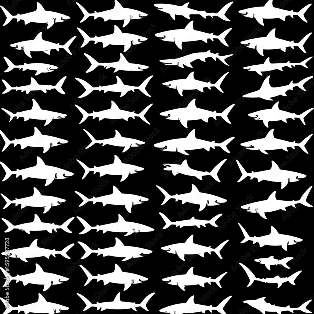 Fototapeta premium Seamless pattern of white shark silhouettes on a black background