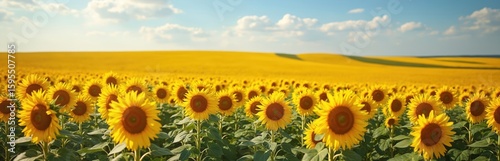 Vast sunflower field in Kansas, abundant sunny yellow blossoms under a blue sky with clouds. Golden helianthus annuus plants create a vibrant rural landscape, showcasing summer agriculture and flora.