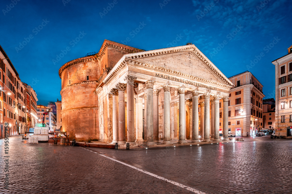 Fototapeta premium Evening view of the Roman Pantheon, an ancient structure dating back to the 1st century AD, built in honor of King Marcus Agrippa.