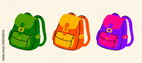 Three school backpacks in bold flat vector style. Green, orange-yellow, and purple-pink colors with playful cartoon design. Perfect for back to school graphics, children’s materials, and education pri