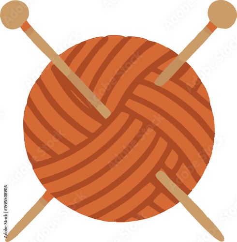 Flat vector ball of yarn with two knitting needles crossing through, cozy handmade style, isolated on white