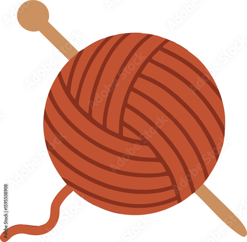 Flat vector ball of yarn with two knitting needles crossing through, cozy handmade style, isolated on white