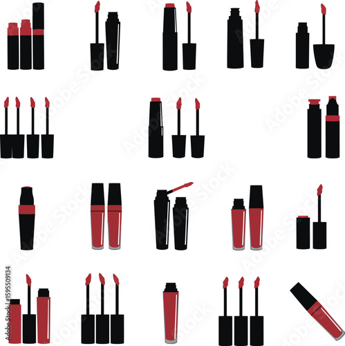 Vector liquid lipstick illustration set: various red and black cosmetic tubes with applicators. Perfect for beauty, makeup, fashion, and cosmetic industry designs, isolated on white background.