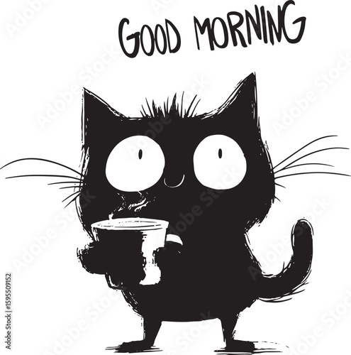 funny sketch drawing of a cute black cat that says good morning