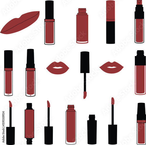 Vector liquid lipstick illustration set: various red and black cosmetic tubes with applicators. Perfect for beauty, makeup, fashion, and cosmetic industry designs, isolated on white background.