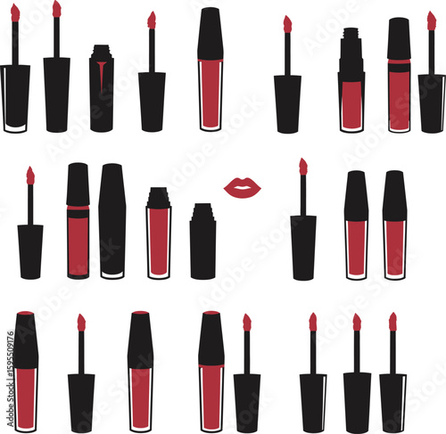 Vector liquid lipstick illustration set: various red and black cosmetic tubes with applicators. Perfect for beauty, makeup, fashion, and cosmetic industry designs, isolated on white background.