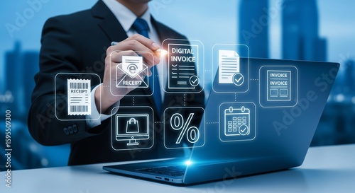 Businessman managing digital invoices and receipts with holographic — online finance and billing interface