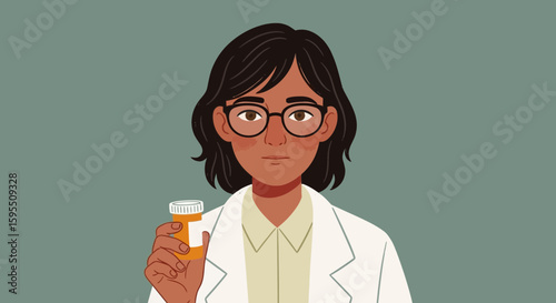 A serious female doctor holding a prescription bottle, looking directly at the viewer.