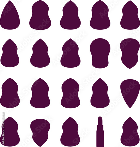 Vector makeup sponge silhouette set: various purple beauty blender shapes and an applicator. Ideal for cosmetic, beauty, and makeup industry designs, isolated on white background.