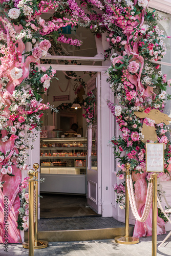 A café entrance with a pink door and pink aesthetic, adorned with pink flowers.	