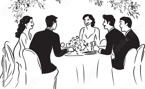 line art black vector drawing of funny party at a table