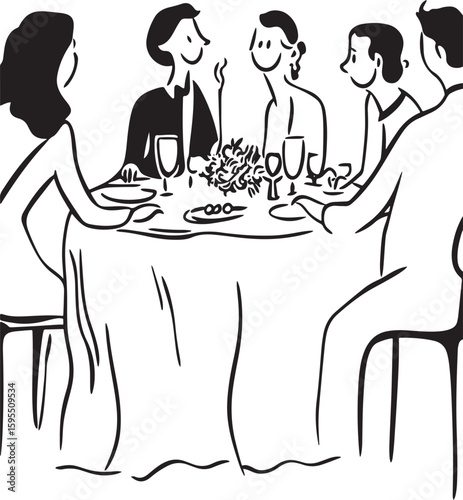 line art black vector drawing of funny party at a table
