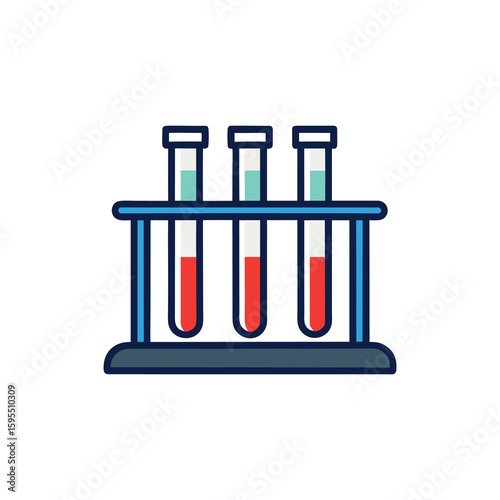 Three Test Tubes in a Rack with Red and Blue Liquids on white background