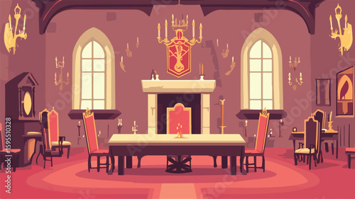 Elegant Medieval Dining Hall Banquet Scene with Historic Interiors