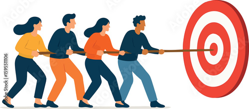 Flat vector characters pulling a rope together toward target, group effort concept, isolated on white