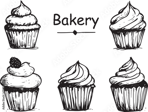 set of grunge sketch vector of bakery cupcakes