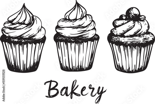 set of grunge sketch vector of bakery cupcakes