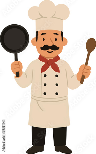 Flat vector chef character with hat, pan in one hand and spoon in other, isolated on white