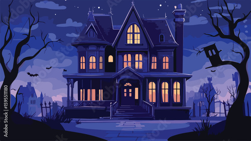 Spooky Old House at Night Architecture for Halloween Designs