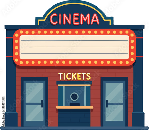 Flat vector cinema with marquee, ticket window and neon elements, isolated on white