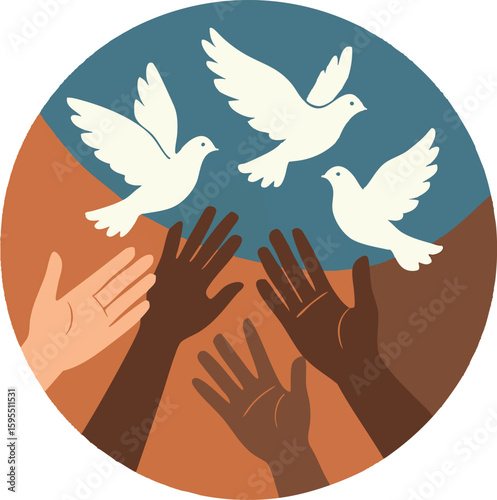 Flat vector circle of hands releasing doves, symbolic of peace and togetherness, isolated on white