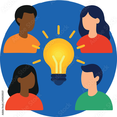 Flat vector circle of team members with shared glowing idea icon in center, isolated on white