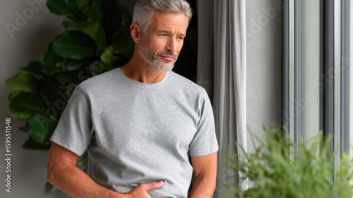 Man with stomach pain standing near window
