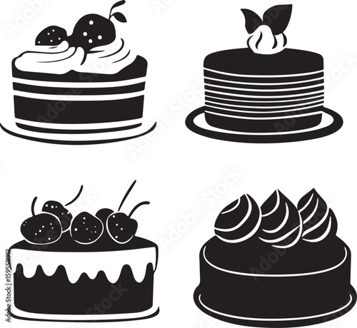 set of drawn cartoon silhouettes of cakes
