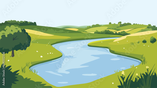 Serene River Winding Through Green Countryside Rural Landscape