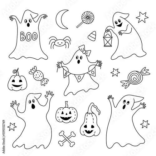 Cute halloween coloring set of ghosts, spider and pumpkins,vector illustration.