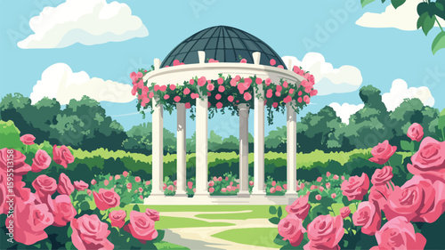 Romantic Rose Garden Gazebo Set in Floral Park - Professional Floral Setting