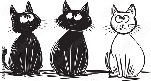 black vector sketch of group of funny cats