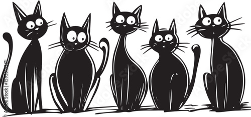 black vector sketch of group of funny cats
