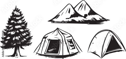 set of line art sketch vector of camping drawing