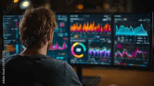 A young man, focused on analyzing data, sits in front of multiple screens displaying colorful analytics and graphs.