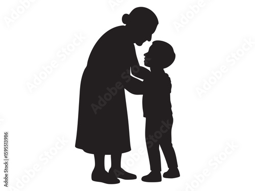 Black silhouette of hugging elderly woman with child isolated on white background, graphic illustration. concept of family, parenting, bonding, relationship, icon, design element