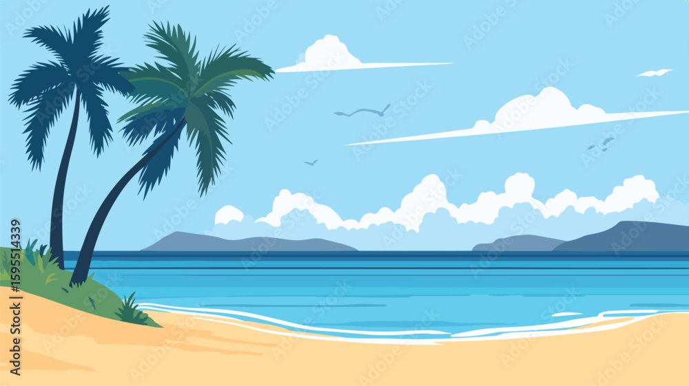 Fototapeta premium Serenity Beach Paradise: Idyllic Tropical Island Ocean Shore with Palm Trees