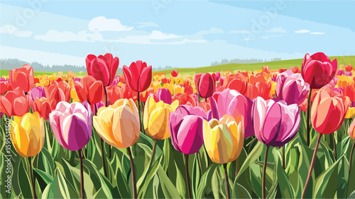 Vibrant Tulip Field in Full Bloom - Colorful Spring Landscape