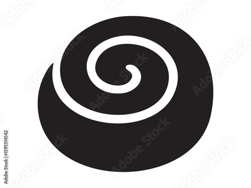 Black silhouette of cinnamon roll swirl pastry isolated on white background, graphic illustration. Concept of sweet bun, dessert, breakfast pastry, food icon, design element