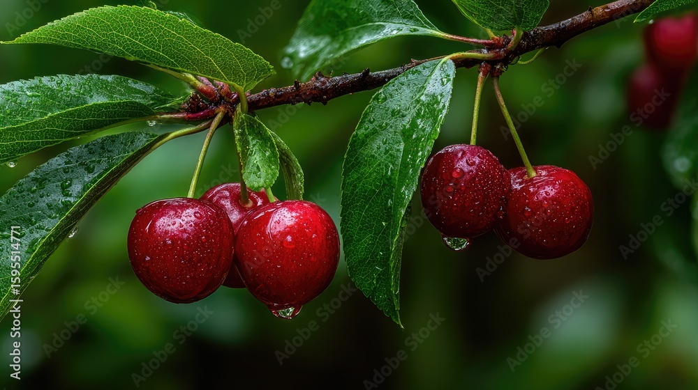 Obraz premium Fresh cherries hanging from a branch covered in water droplets.