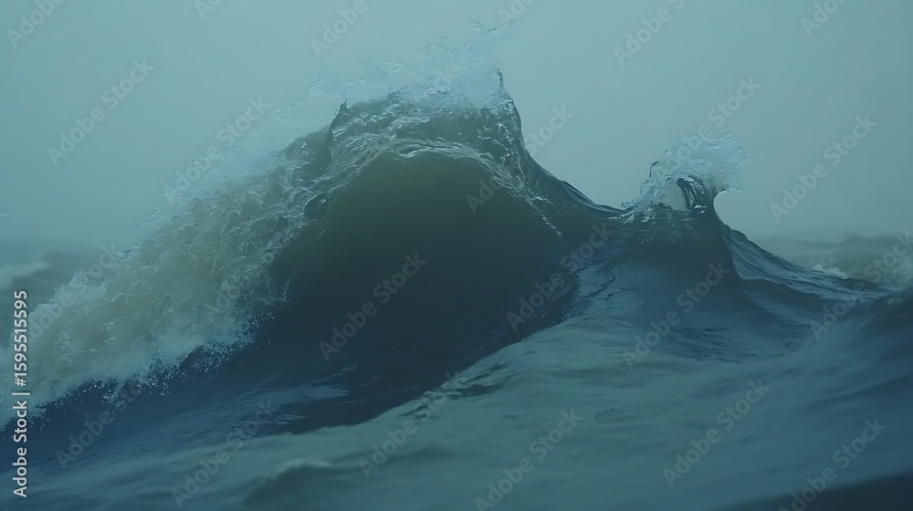 Obraz premium A powerful ocean wave crests in a misty atmosphere.
