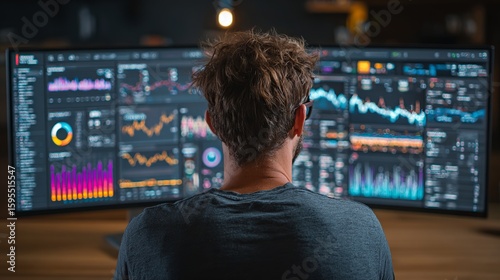 A focused male analyst examines data on multiple screens, showcasing diverse financial charts and graphs in a modern workspace.