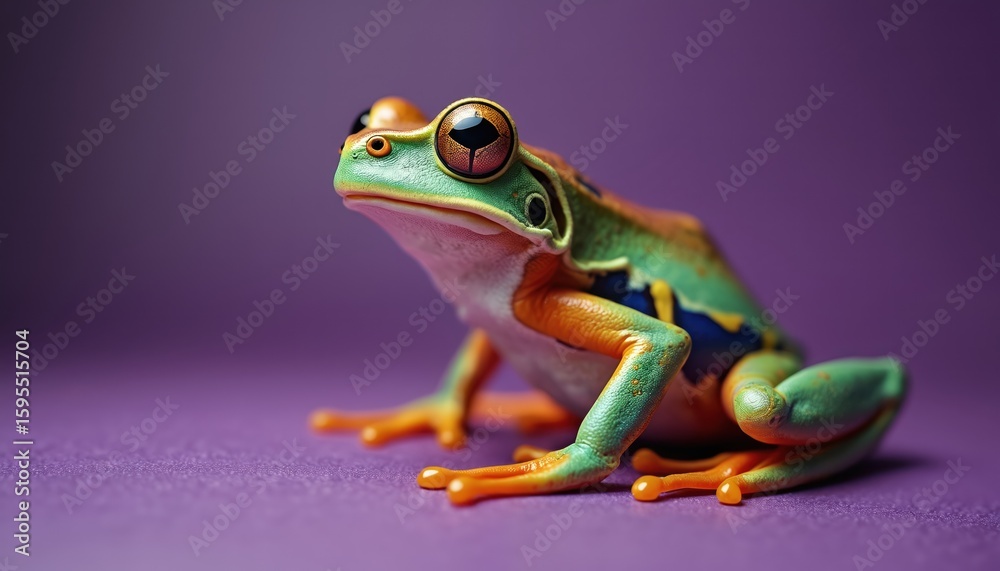 Obraz premium Close-up macro photo shows vibrant green tree frog with orange legs resting on purple background. Tiny amphibian has large expressive eyes. Perfect for nature, wildlife, or exotic pet themes.