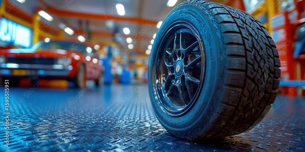 Fototapeta premium Focus on a new black tire with a stylish rim set in an auto repair shop.