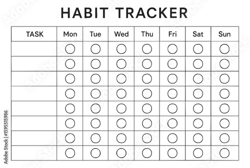 Black Weekly habit tracker chart with circular checkboxes for daily monitoring, organized structure. concept of planning, productivity, goal setting success, personal development. Template copy space