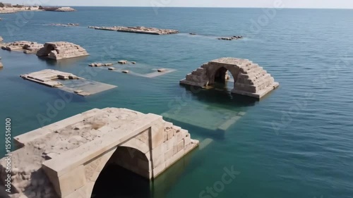 The ancient ruins of a submerged city emerge from the tranquil waters of a vast lake, showcasing the architectural remnants of a bygone era and a rich cultural heritage